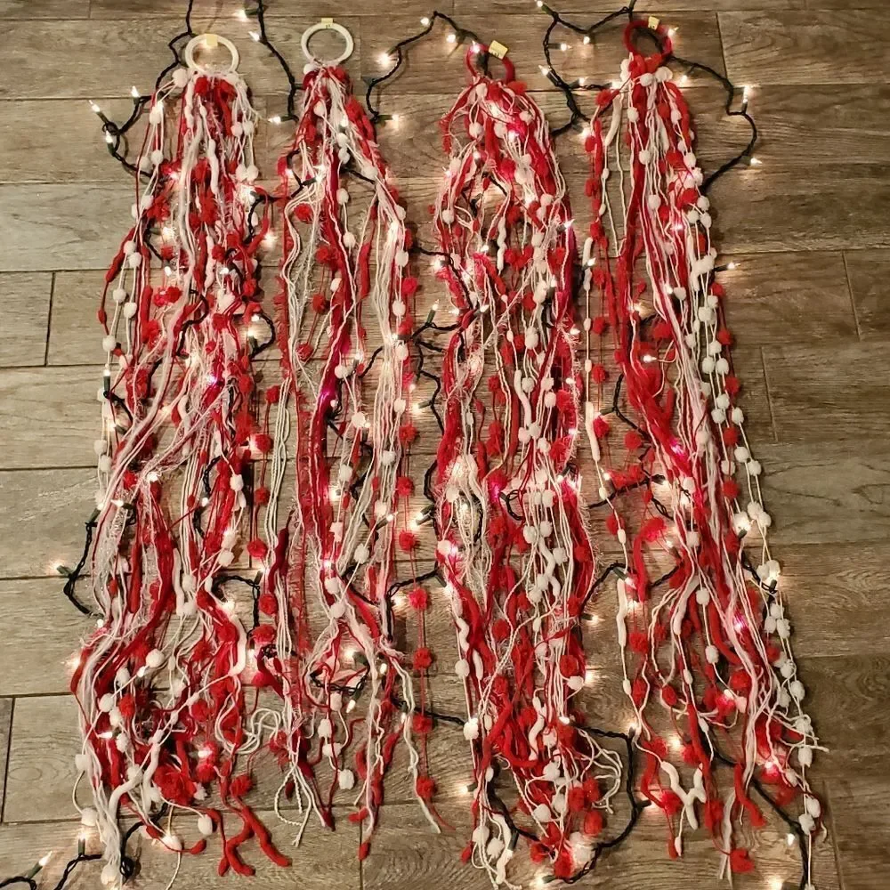 Hand Crafted Scarves or Boho Wall Hanging Decor Red White and Silver set of 4